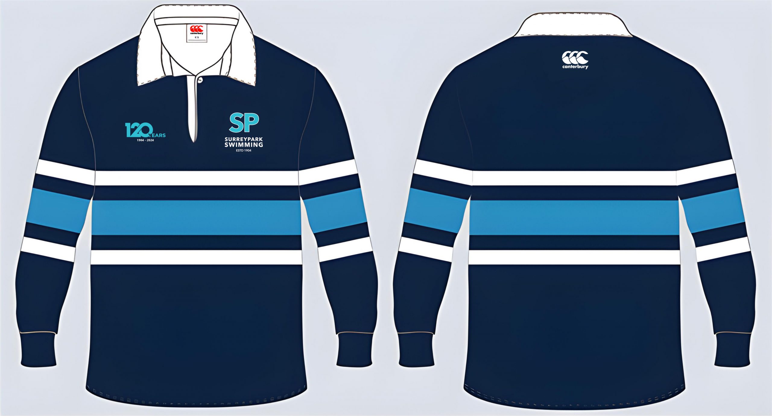 120 year comemorative rugby top. navy with white and cyan stripes